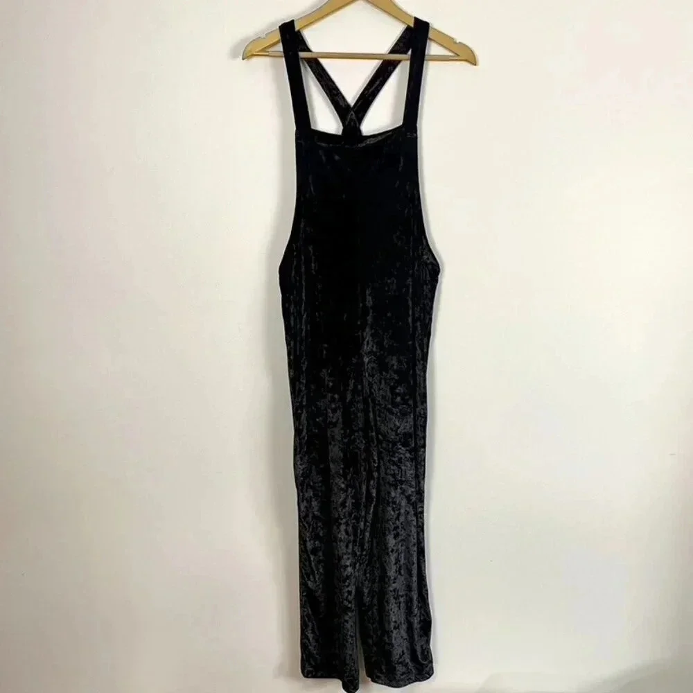Urban Outfitters Black Velvet Velour Crop Overalls Jumpsuit